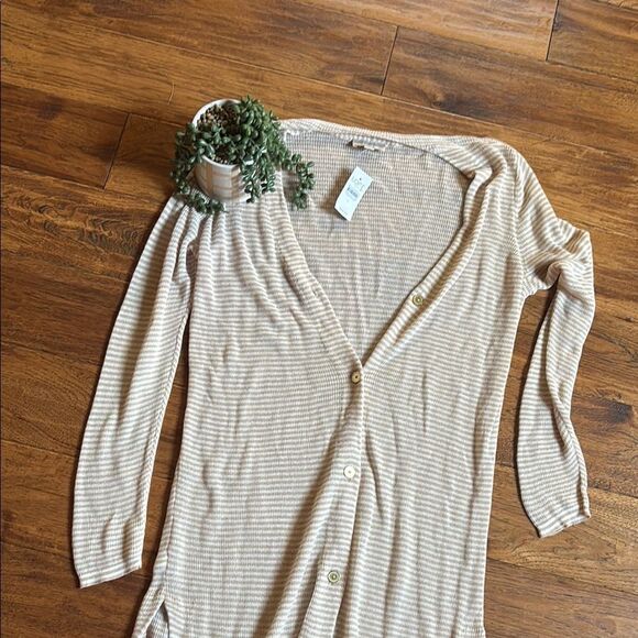 NWT LOFT Beige Striped Button-Down Cardigan - Picture 2 of 10